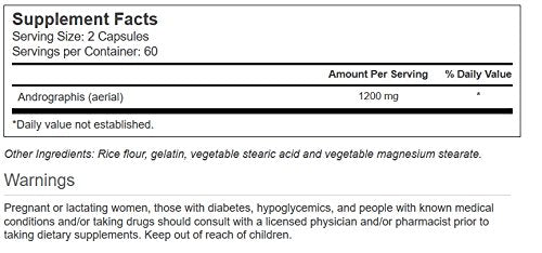 Side label view of Vitacost Andrographis targeted wellness herbal capsules showing serving details