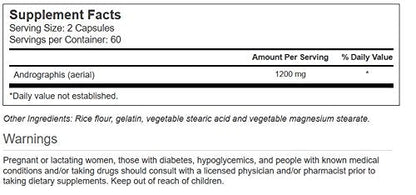 Side label view of Vitacost Andrographis targeted wellness herbal capsules showing serving details