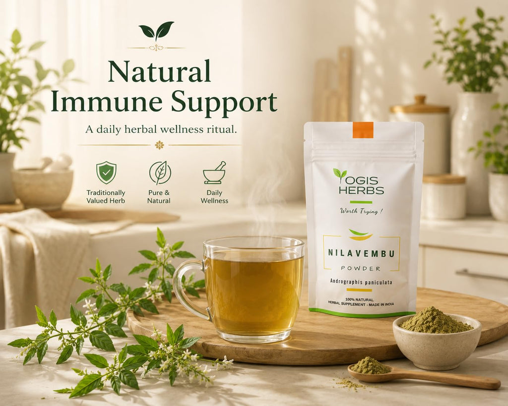 Back label view of Nilavembu herbal powder showing traditional usage safety instructions