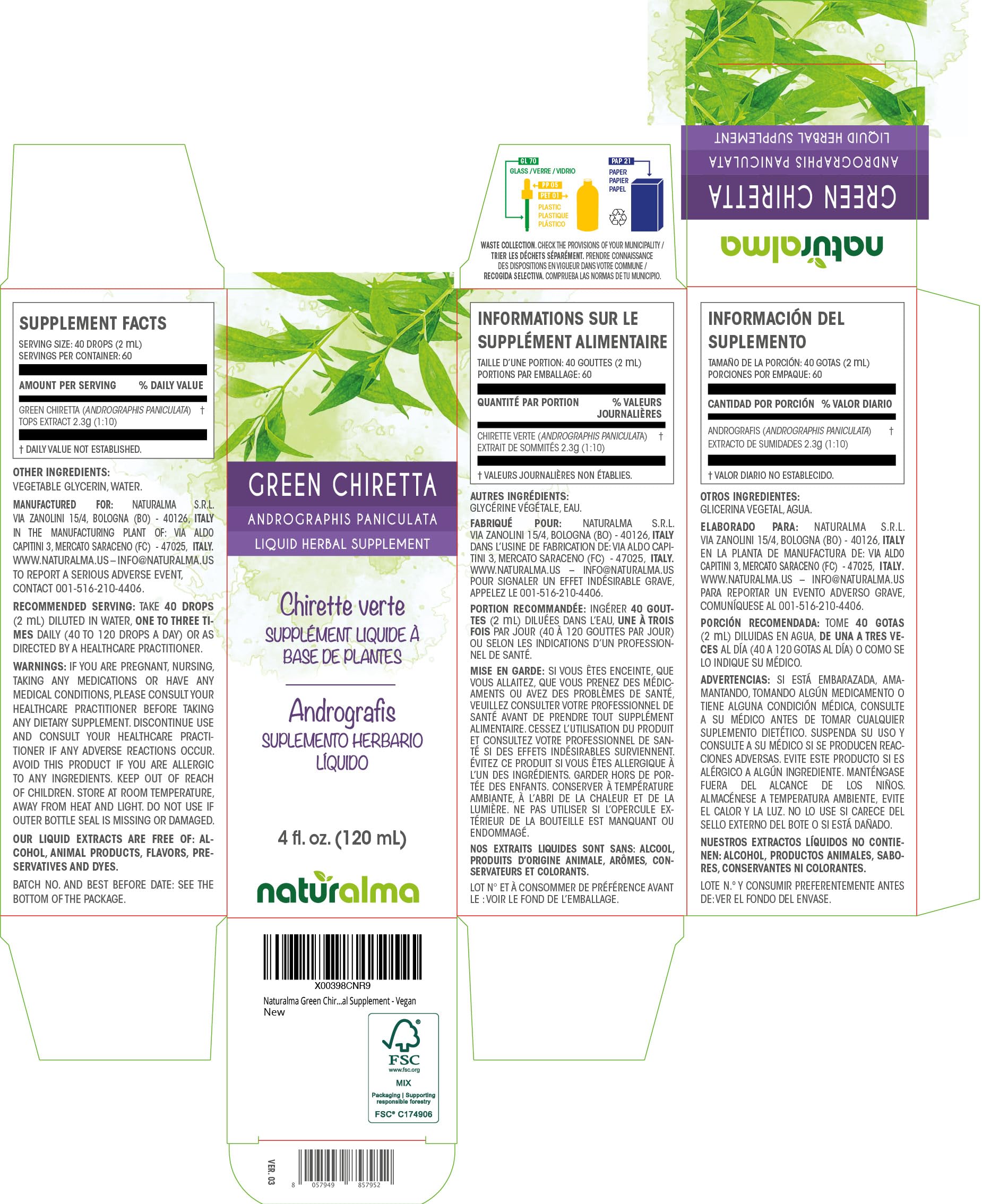 Naturalma alcohol free Green Chiretta tincture label showing supplement facts