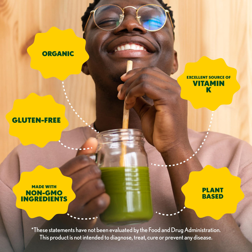 Amazing Grass green powder next to a morning wellness smoothie illustrating easy mixing and daily usage.