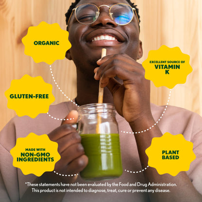 Amazing Grass green powder next to a morning wellness smoothie illustrating easy mixing and daily usage.