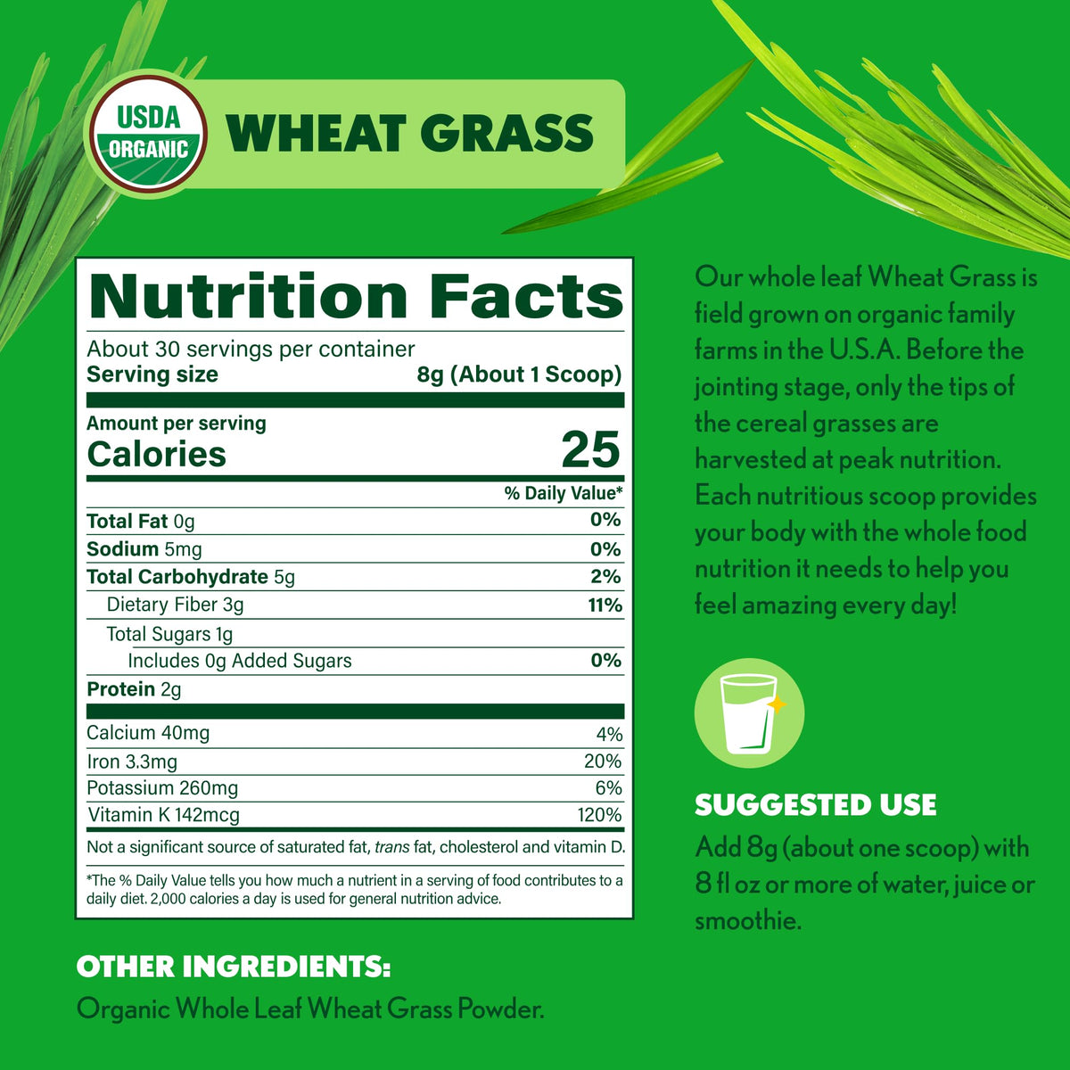 Nutritional supplement packaging showcasing the family farm grown Kansas USA origin for full traceability.