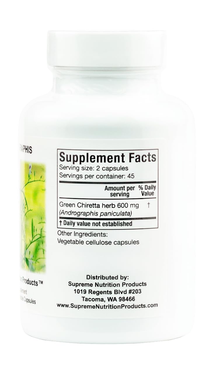 Supreme Nutrition Products Green Chiretta zero fillers vegetarian capsules bottle close up