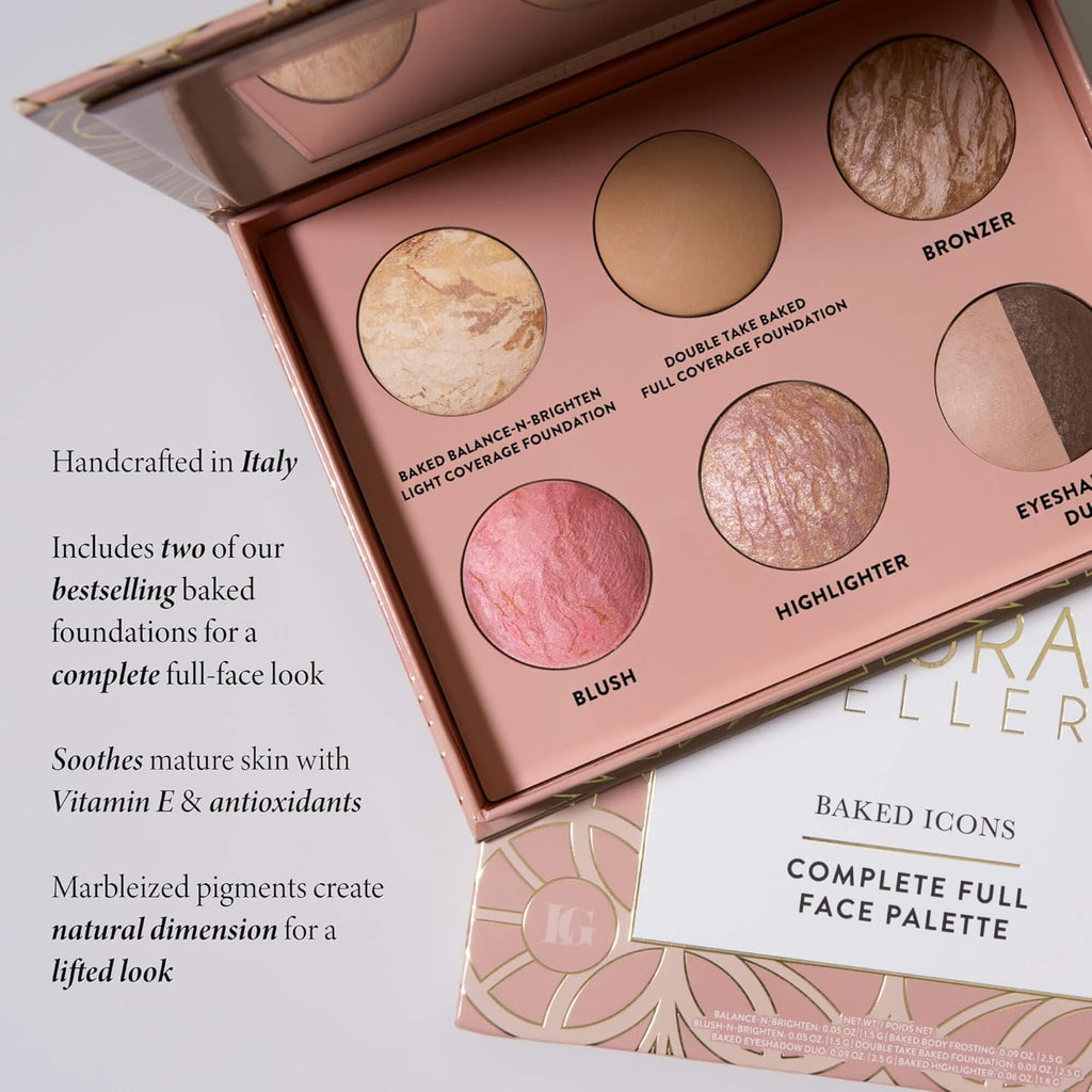 Laura Geller Baked Icons Complete Full Face Palette close up of marbled powders