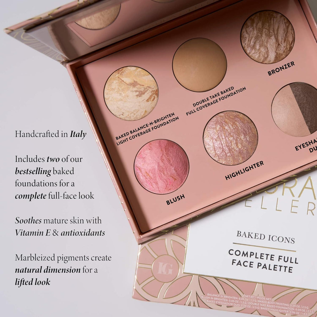 Laura Geller Baked Icons Complete Full Face Palette close up of marbled powders