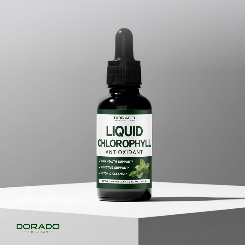Dorado Nutrition chlorophyll drops liquid consistency showing natural green color