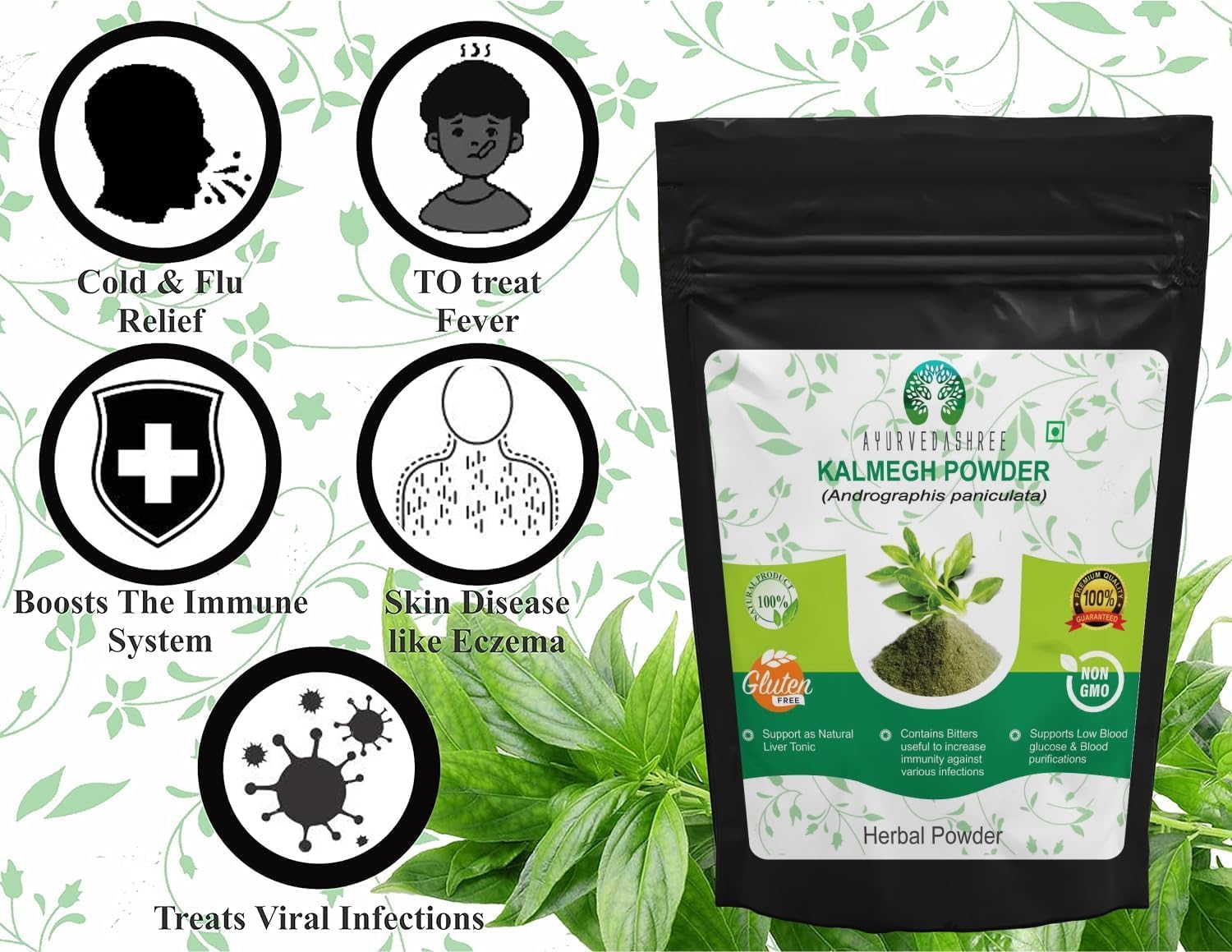 Ayurvedashree Kalmegh Bitter Herb Powder back label displaying natural ingredient facts and usage guidelines