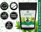 Green Chiretta supplement powder poured next to its packaging showing natural texture and color