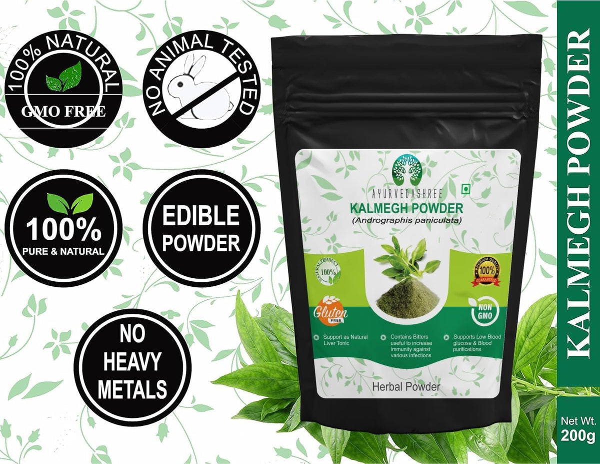 Green Chiretta supplement powder poured next to its packaging showing natural texture and color