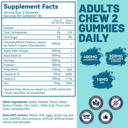 Pectin based vegan green gummies for body odor and skin health.