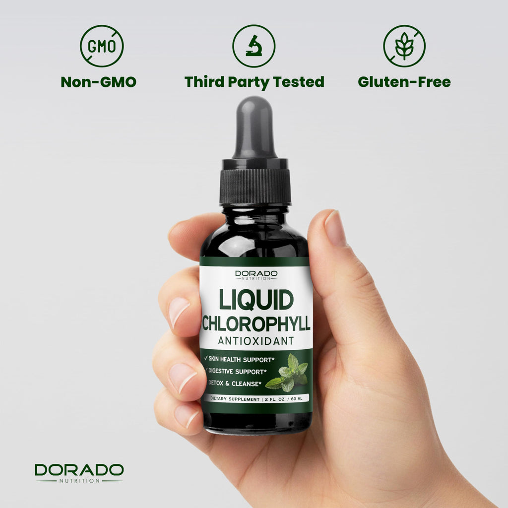 Dorado Nutrition liquid chlorophyll drops 60ml side view showing directions for use