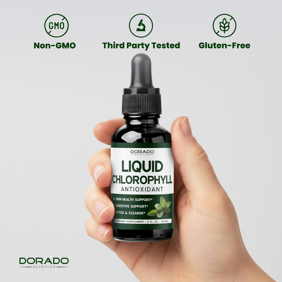 Dorado Nutrition liquid chlorophyll drops 60ml side view showing directions for use