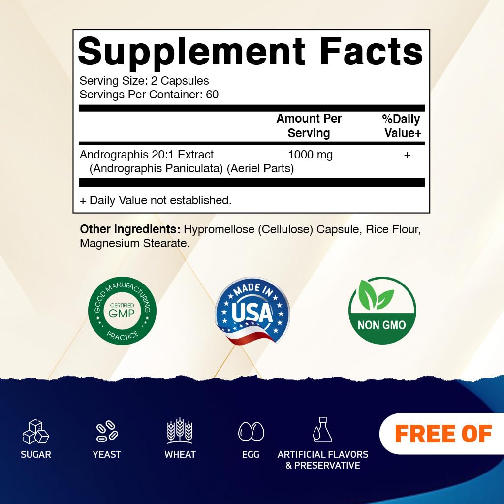 Vitamatic Andrographis Extract supplement nutritional facts panel showing high potency twenty times concentration.