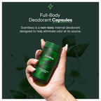 Scentless internal deodorizing supplement capsules showing natural chlorophyll ingredient highlights.