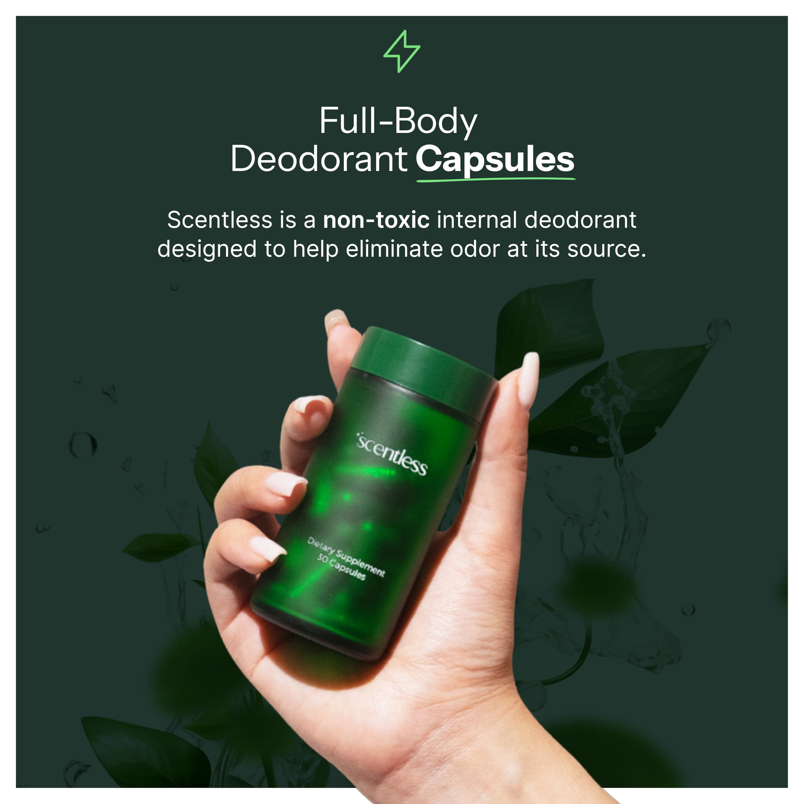 Scentless internal deodorizing supplement capsules showing natural chlorophyll ingredient highlights.