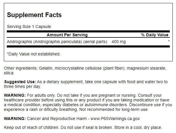 Swanson Kalmegh King of Bitters herbal supplement packaging facts and dietary attributes
