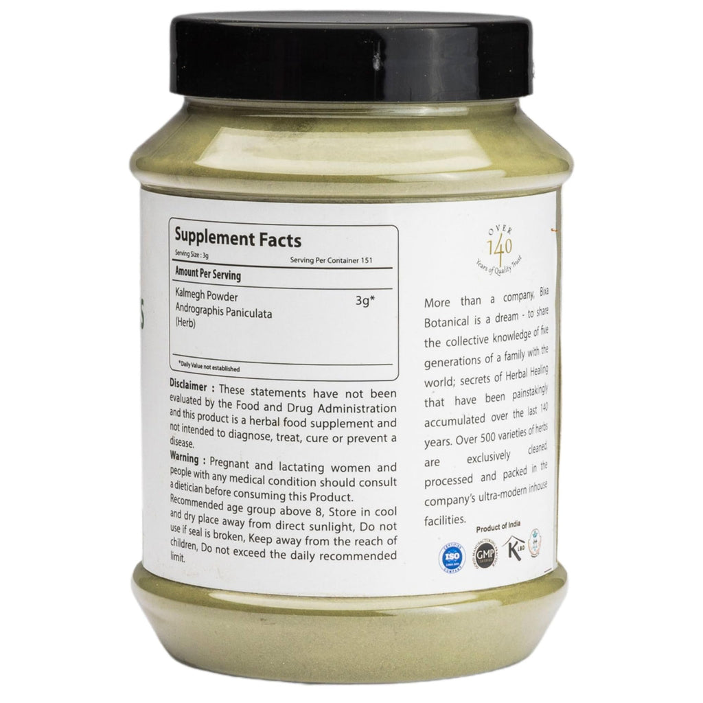 Side view of Bixa Botanical Kalmegh powder jar detailing supplement facts and product quality seals