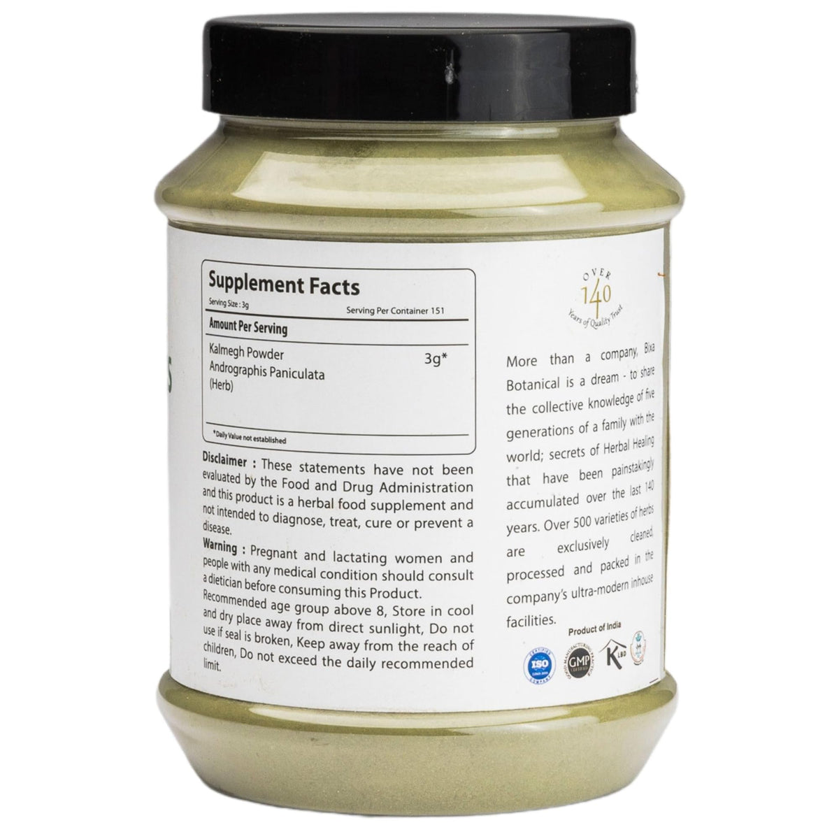 Side view of Bixa Botanical Kalmegh powder jar detailing supplement facts and product quality seals