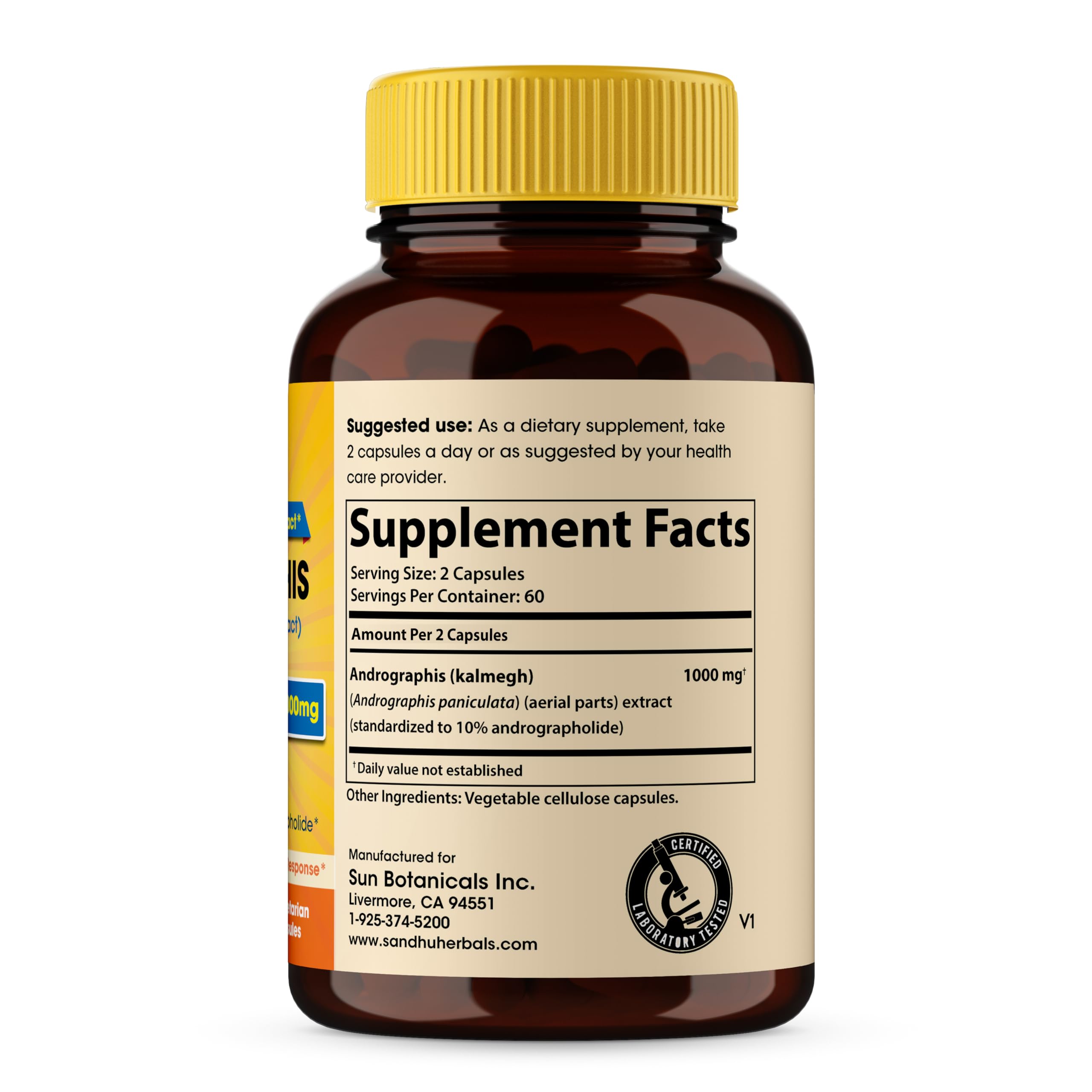 Sandhu Herbals Kalmegh 1000 mg supplement label showing nutritional facts and serving size