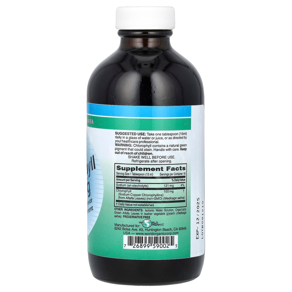 World Organic Alfalfa Derived Chlorophyll Liquid supplement nutritional facts and ingredients label