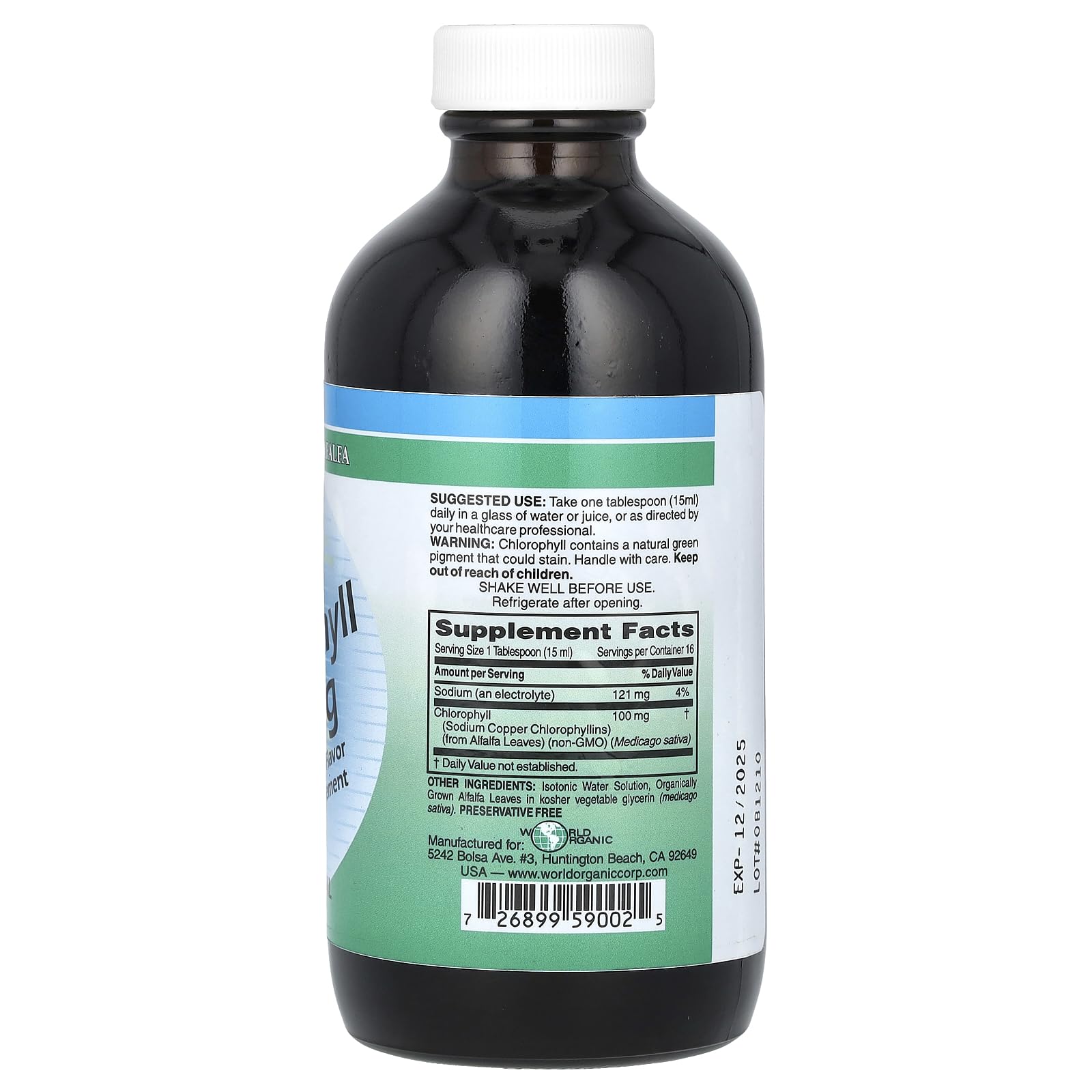 World Organic Alfalfa Derived Chlorophyll Liquid supplement nutritional facts and ingredients label