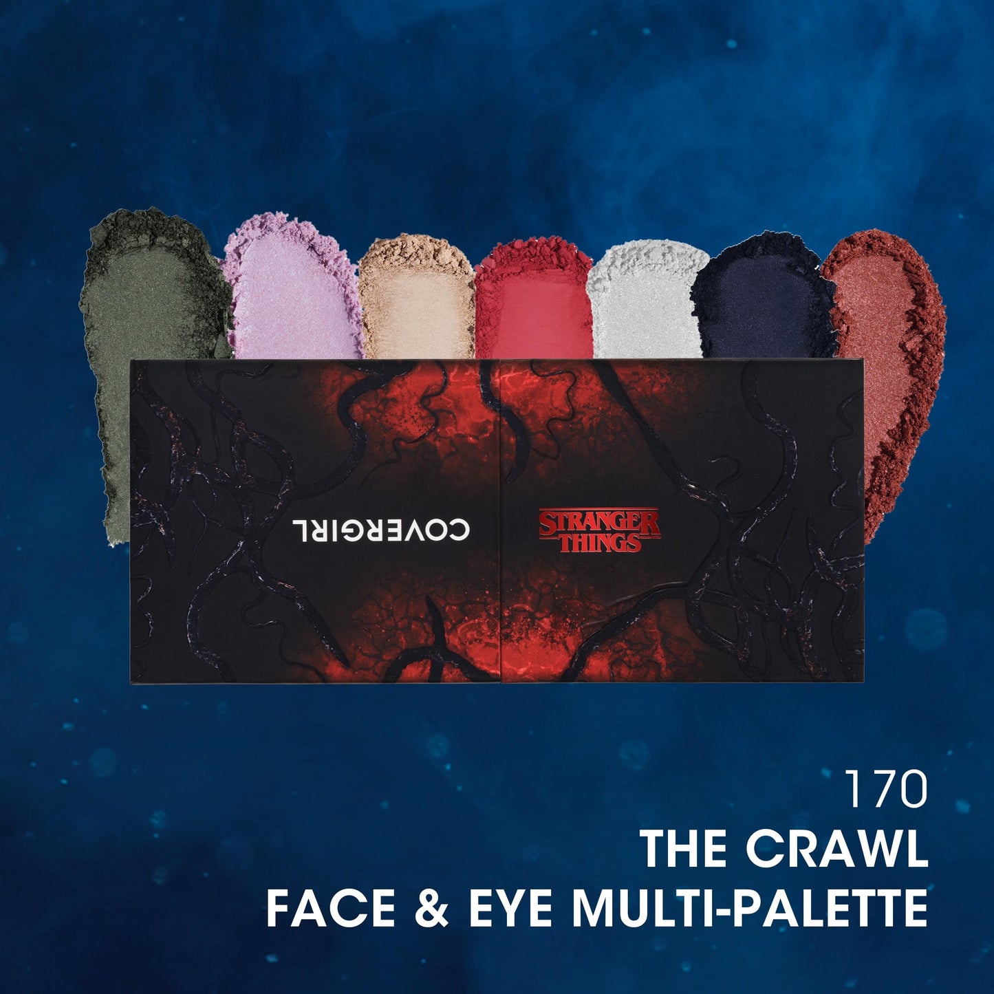 Covergirl Stranger Things palette open showing 7 shades and interior mirrors