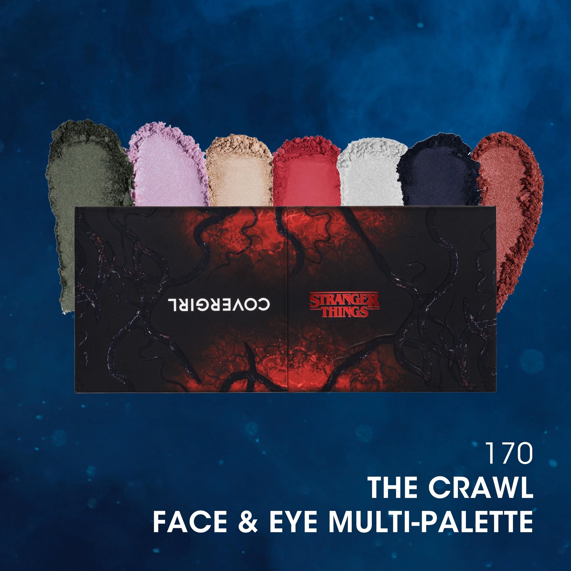 Covergirl Stranger Things palette open showing 7 shades and interior mirrors