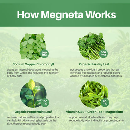 MEGNETA natural internal deodorant capsules bottle with plant based graphics