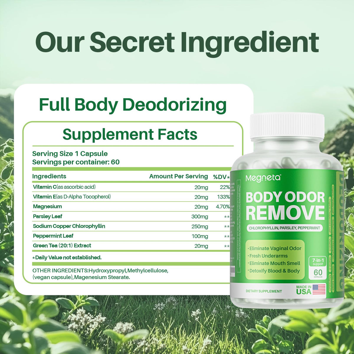 MEGNETA bad breath and sweat reduction supplement capsules display