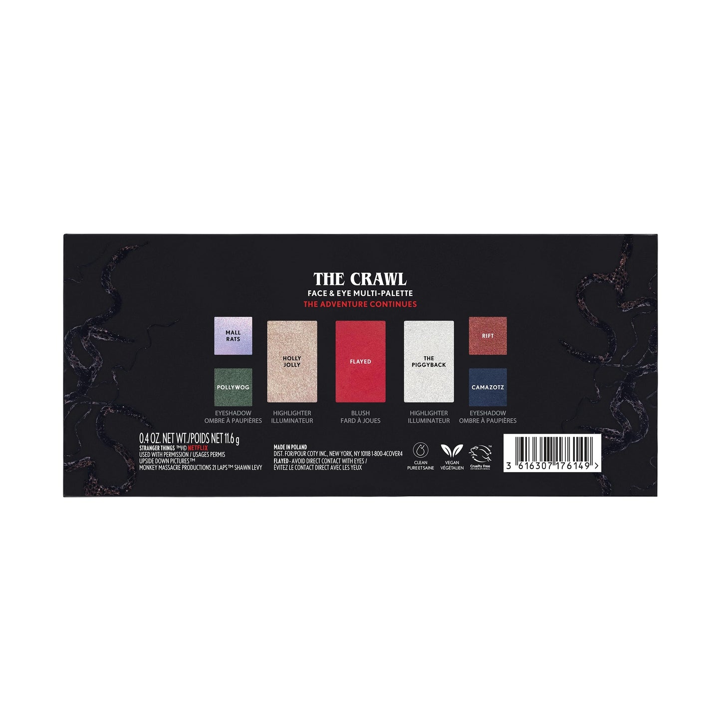Swatches of the face and eye shades from the Crawl collection on skin
