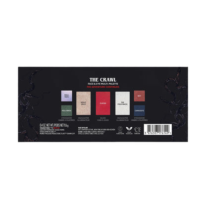 Swatches of the face and eye shades from the Crawl collection on skin