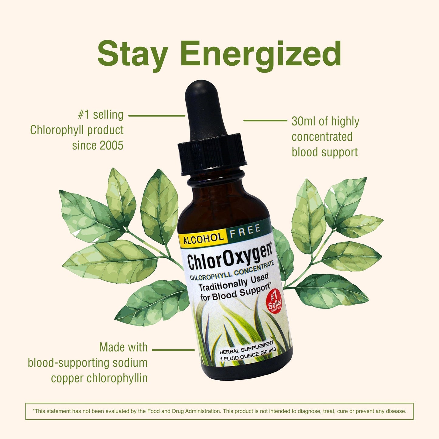 Back label showing ingredients of Herbs Etc ChlorOxygen blood support drops