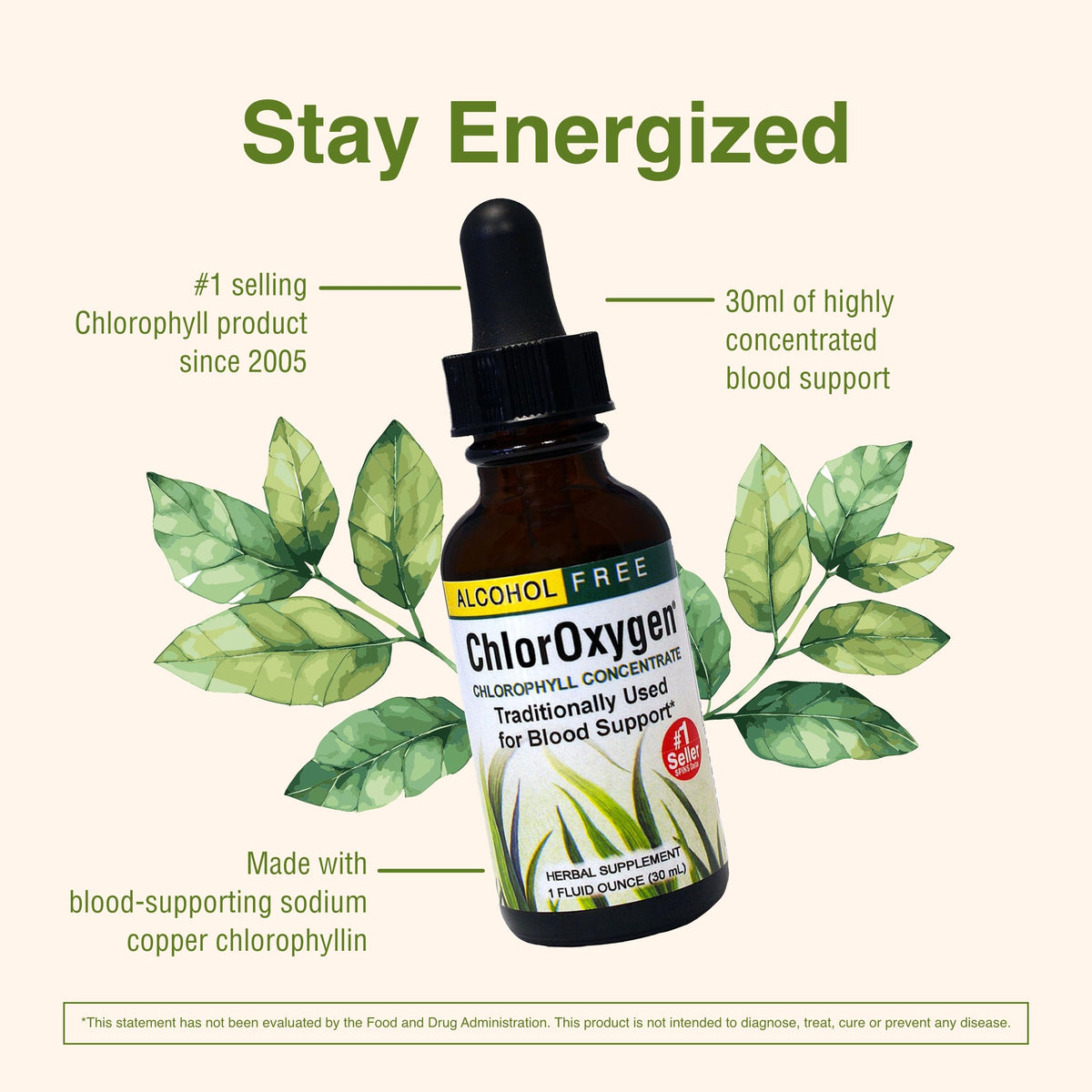 Back label showing ingredients of Herbs Etc ChlorOxygen blood support drops