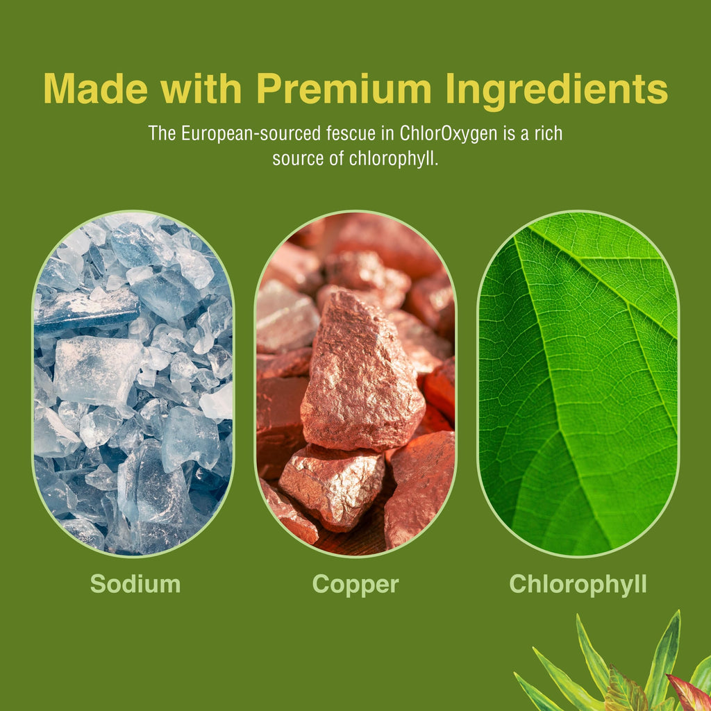 Herbs Etc ChlorOxygen 59 mL bottle next to a glass of water for usage illustration