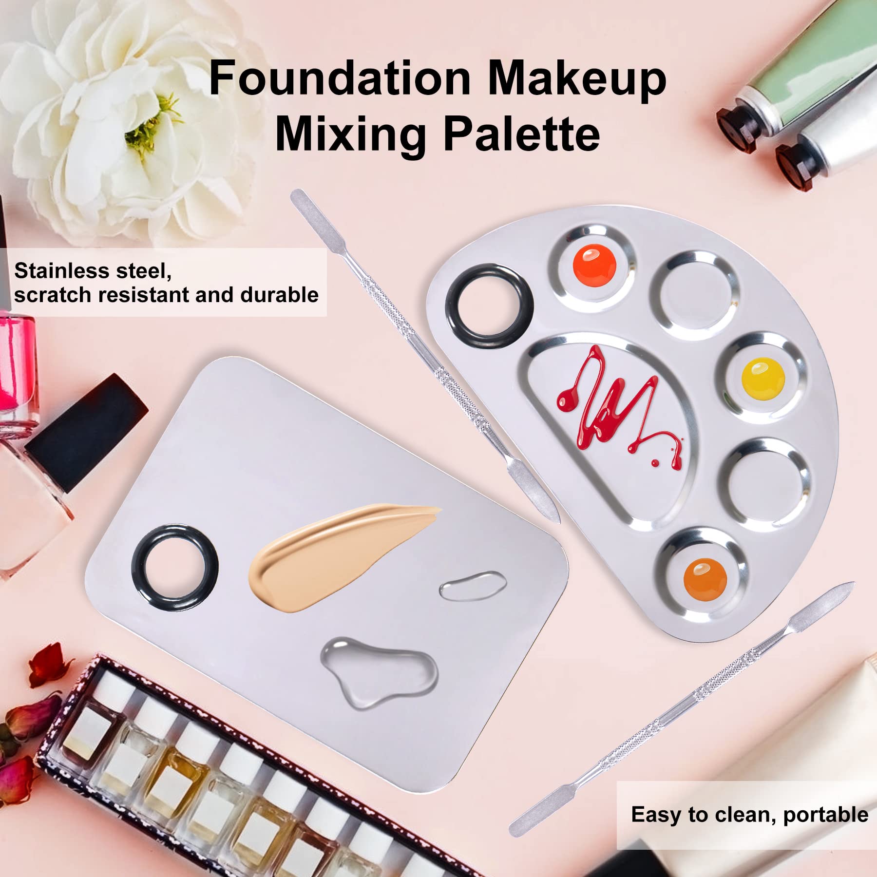 Metal foundation mixing palette with thumb hole for makeup artists