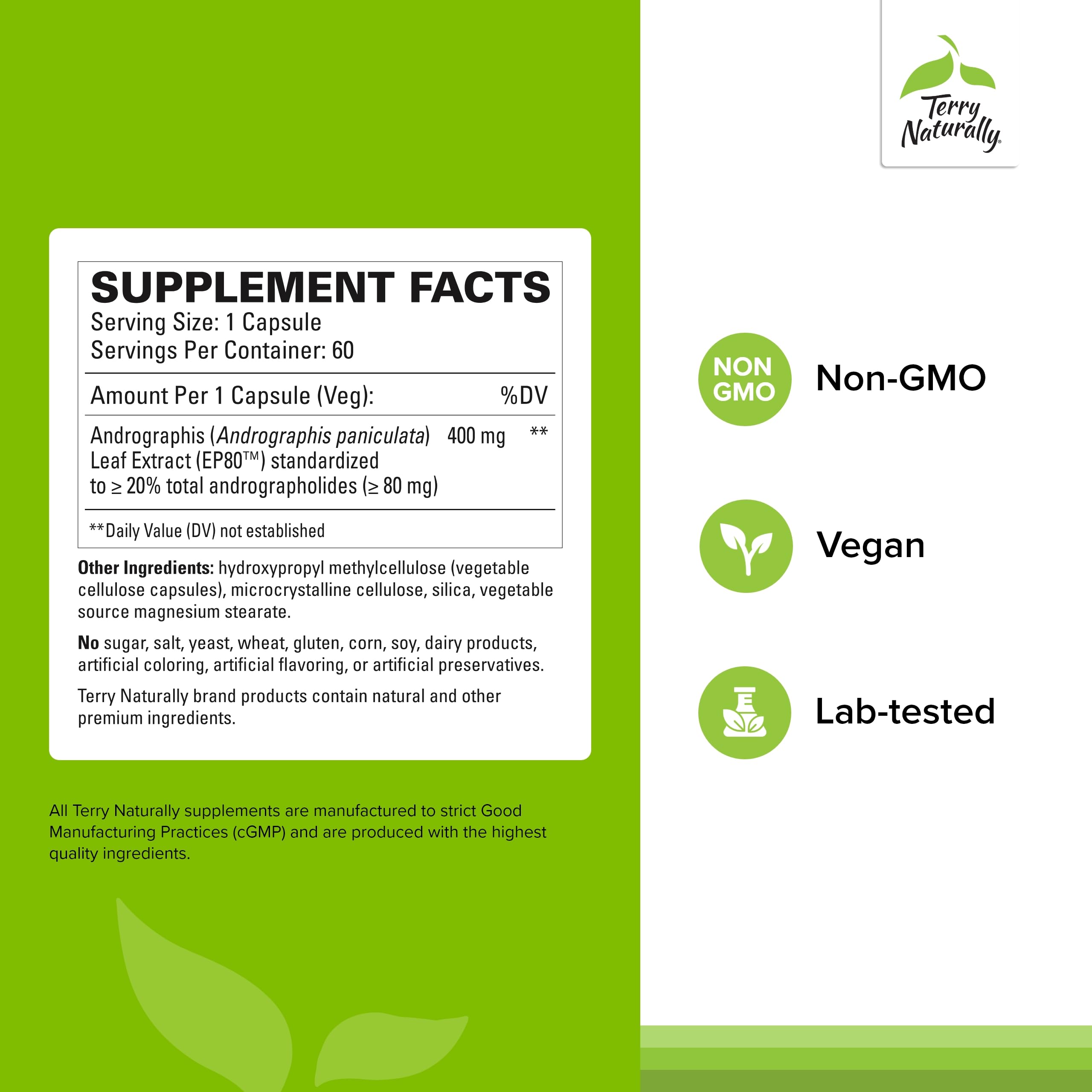 Terry Naturally Andrographis leaf extract four hundred milligram dietary supplement label details