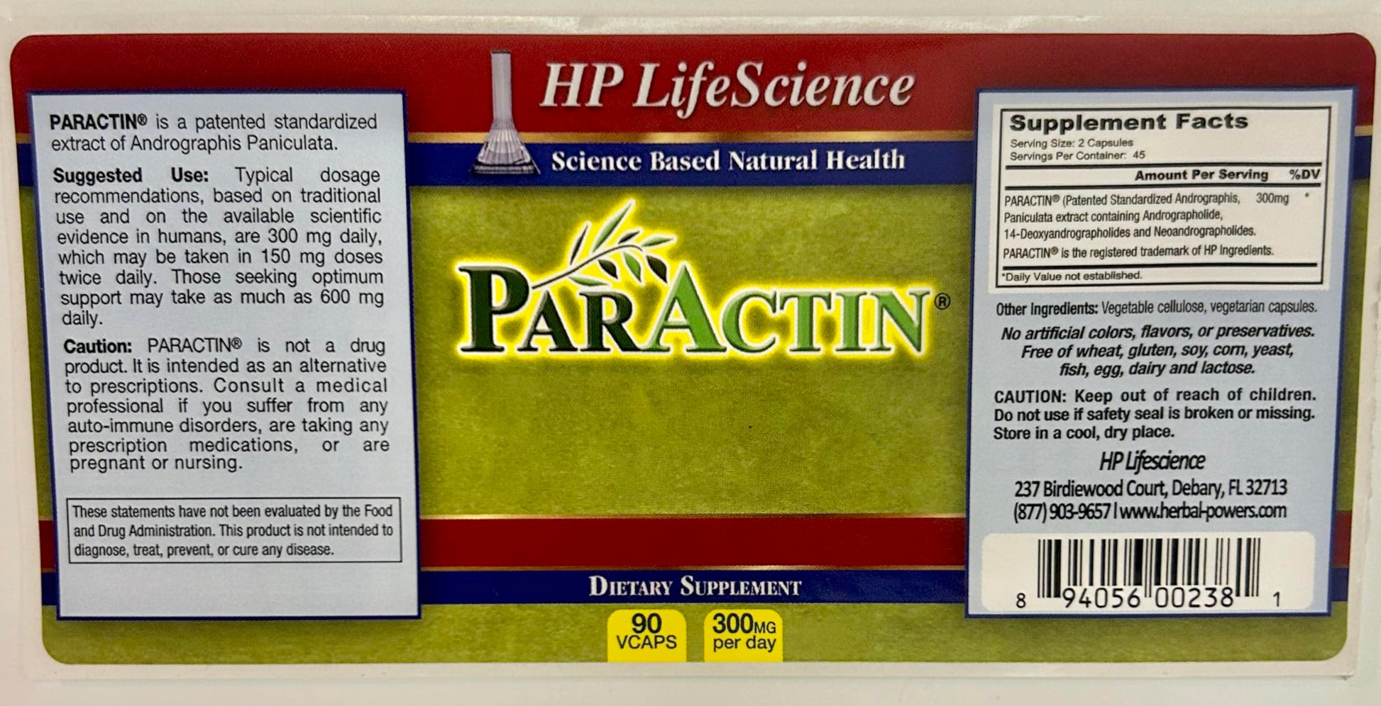 Side angle view of HP LIFESCIENCE ParActin supplement bottle showing the supplement facts table and recommended dosage details.