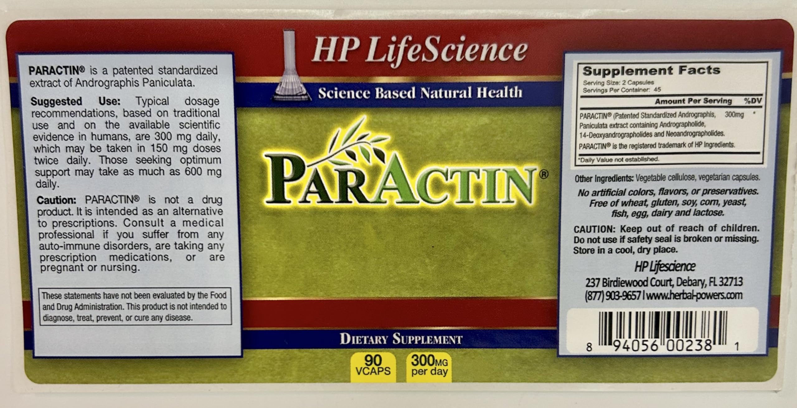 Side angle view of HP LIFESCIENCE ParActin supplement bottle showing the supplement facts table and recommended dosage details.