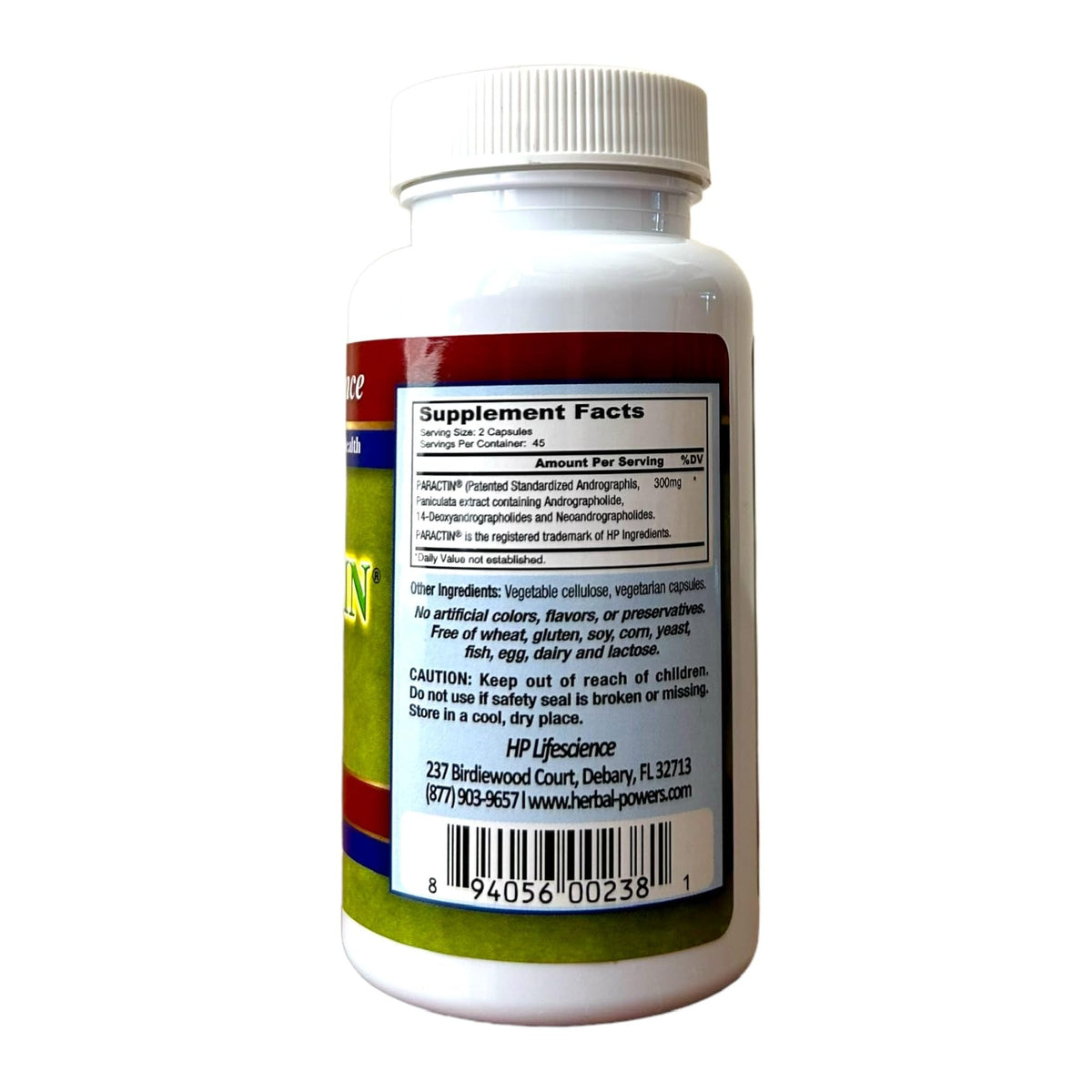 Back label of the patented Andrographis paniculata extract capsule bottle highlighting the clean, non-GMO and gluten-free formulation.
