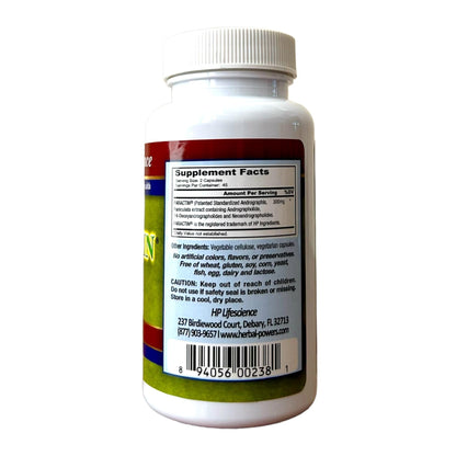 Back label of the patented Andrographis paniculata extract capsule bottle highlighting the clean, non-GMO and gluten-free formulation.