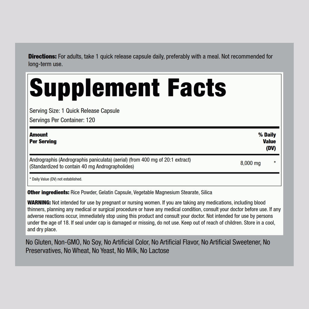 Supplement facts and active ingredients label on the side of the Piping Rock Andrographis Paniculata bottle.