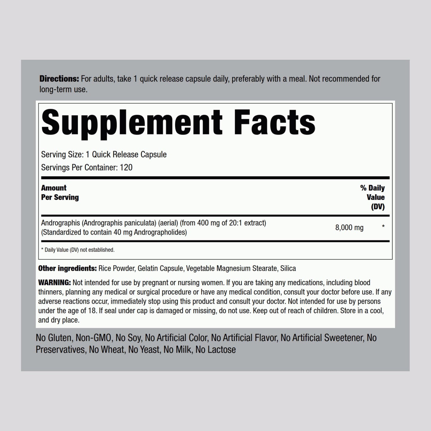 Supplement facts and active ingredients label on the side of the Piping Rock Andrographis Paniculata bottle.