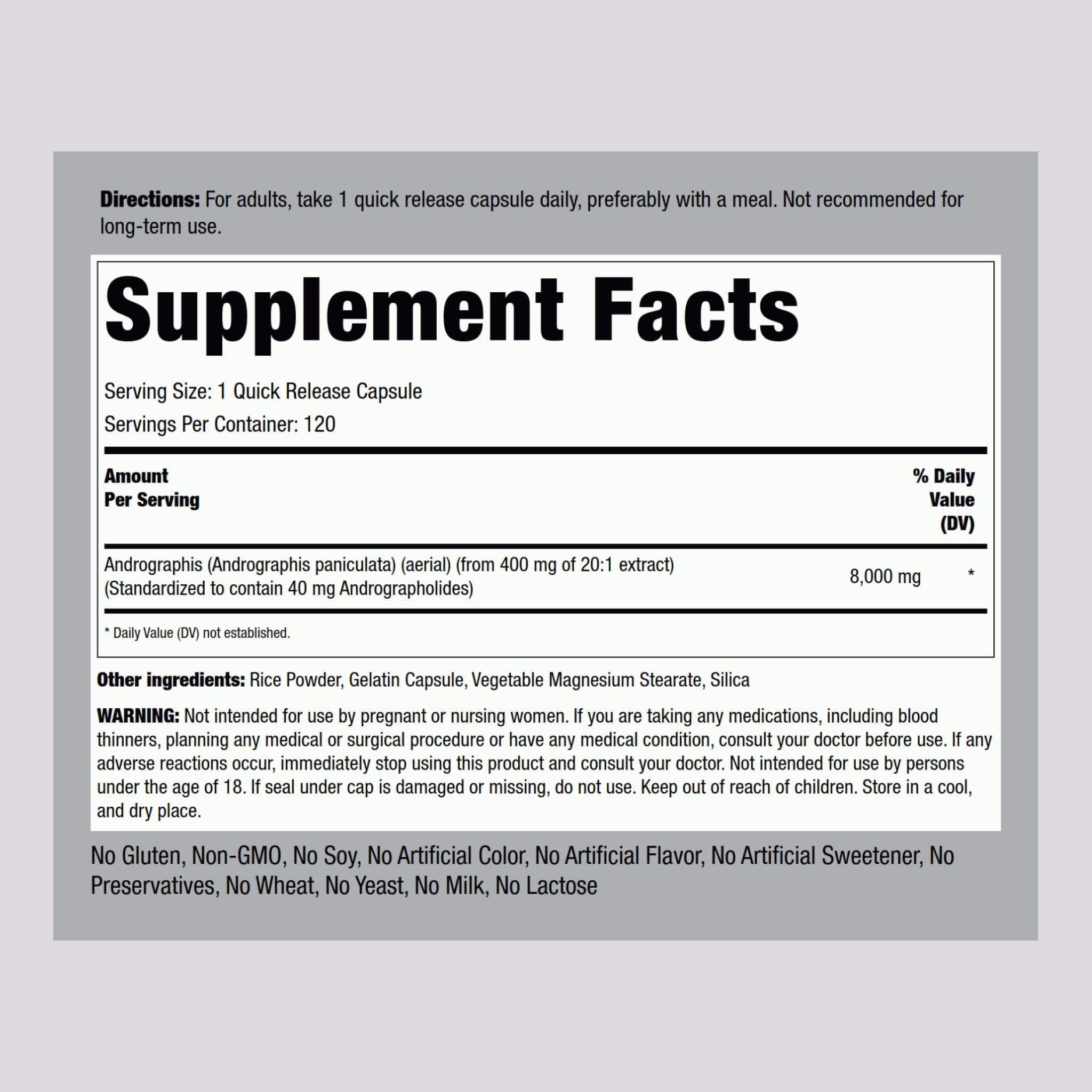 Supplement facts and active ingredients label on the side of the Piping Rock Andrographis Paniculata bottle.