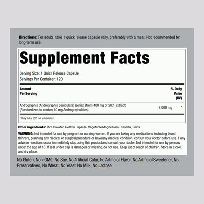 Supplement facts and active ingredients label on the side of the Piping Rock Andrographis Paniculata bottle.