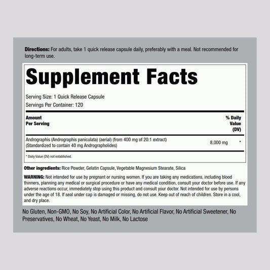 Supplement facts and active ingredients label on the side of the Piping Rock Andrographis Paniculata bottle.