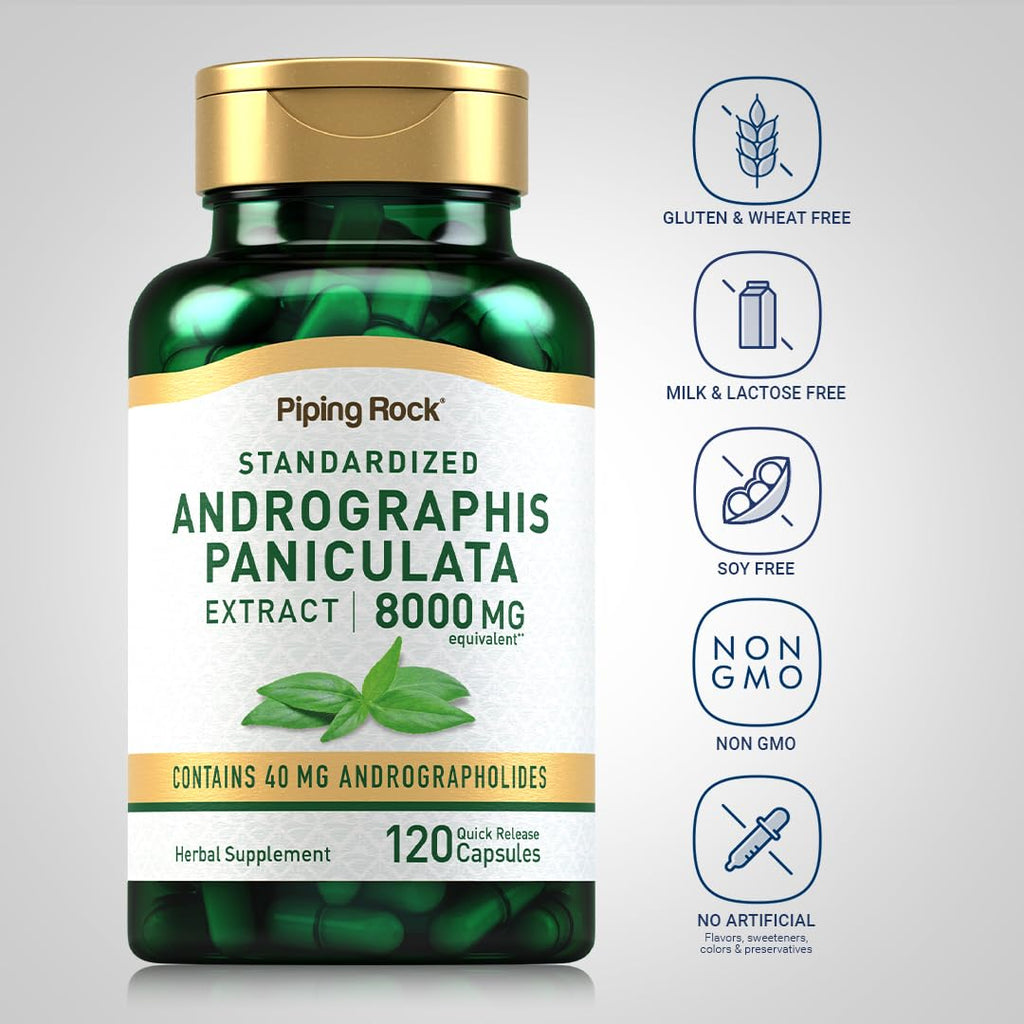 Authentic USA imported Piping Rock Andrographis 8000 milligrams capsules bottle resting on a clean surface.