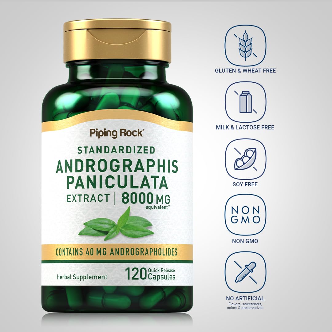 Authentic USA imported Piping Rock Andrographis 8000 milligrams capsules bottle resting on a clean surface.