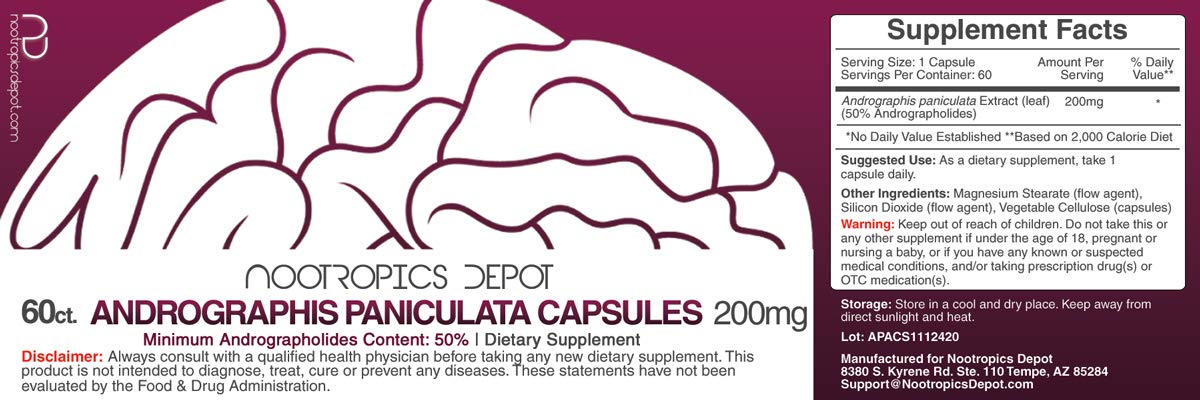 Nootropics Depot Andrographis Paniculata 200mg supplement label showing 50 percent andrographolides standardization