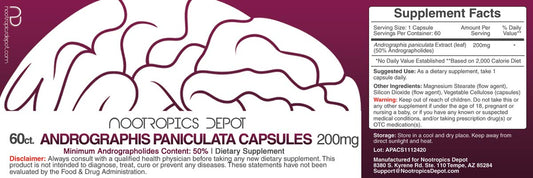 Nootropics Depot Andrographis Paniculata 200mg supplement label showing 50 percent andrographolides standardization
